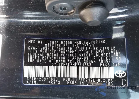 2021 Toyota Corolla Le z USA, uszkodzony, nr VIN 5YFEPMAE2MP241363